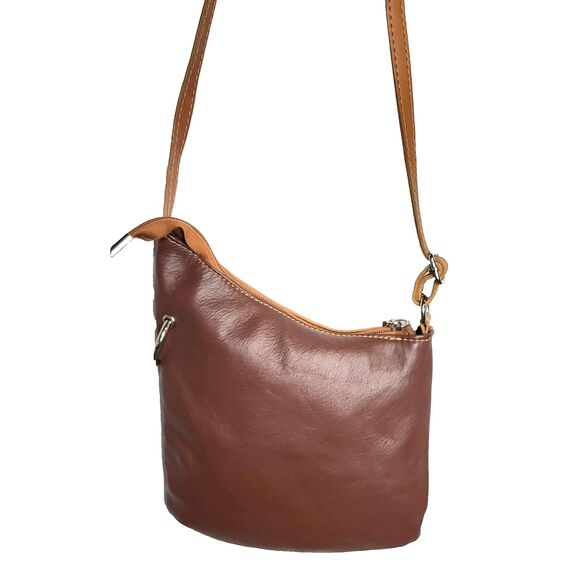 Florence Italian Leather asymmetric colorblock two tone brown crossbody NEW - Picture 3 of 11